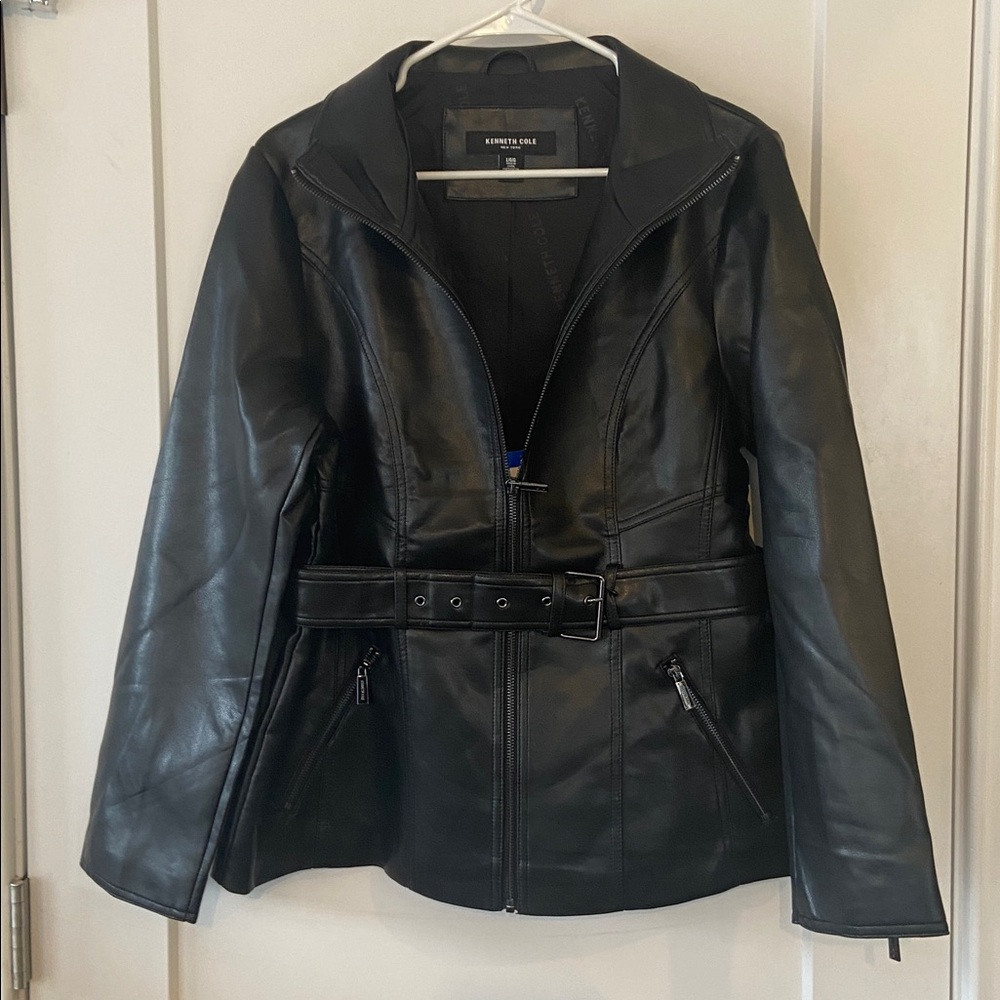 NWT Kenneth Cole New York belted faux leather jacket-lined with zippers